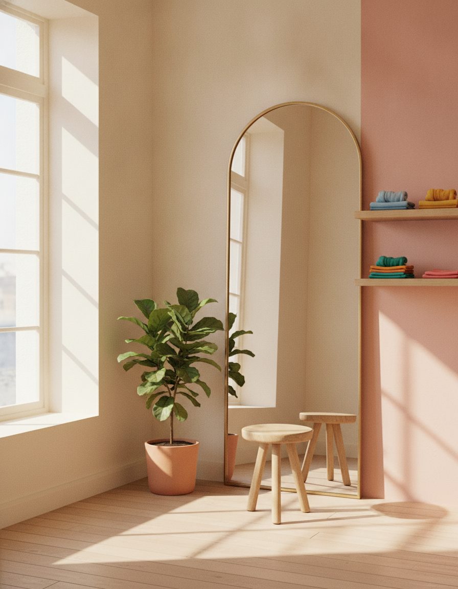 A bright boutique corner with an arched mirror, a leafy plant and folded scarves on a shelf