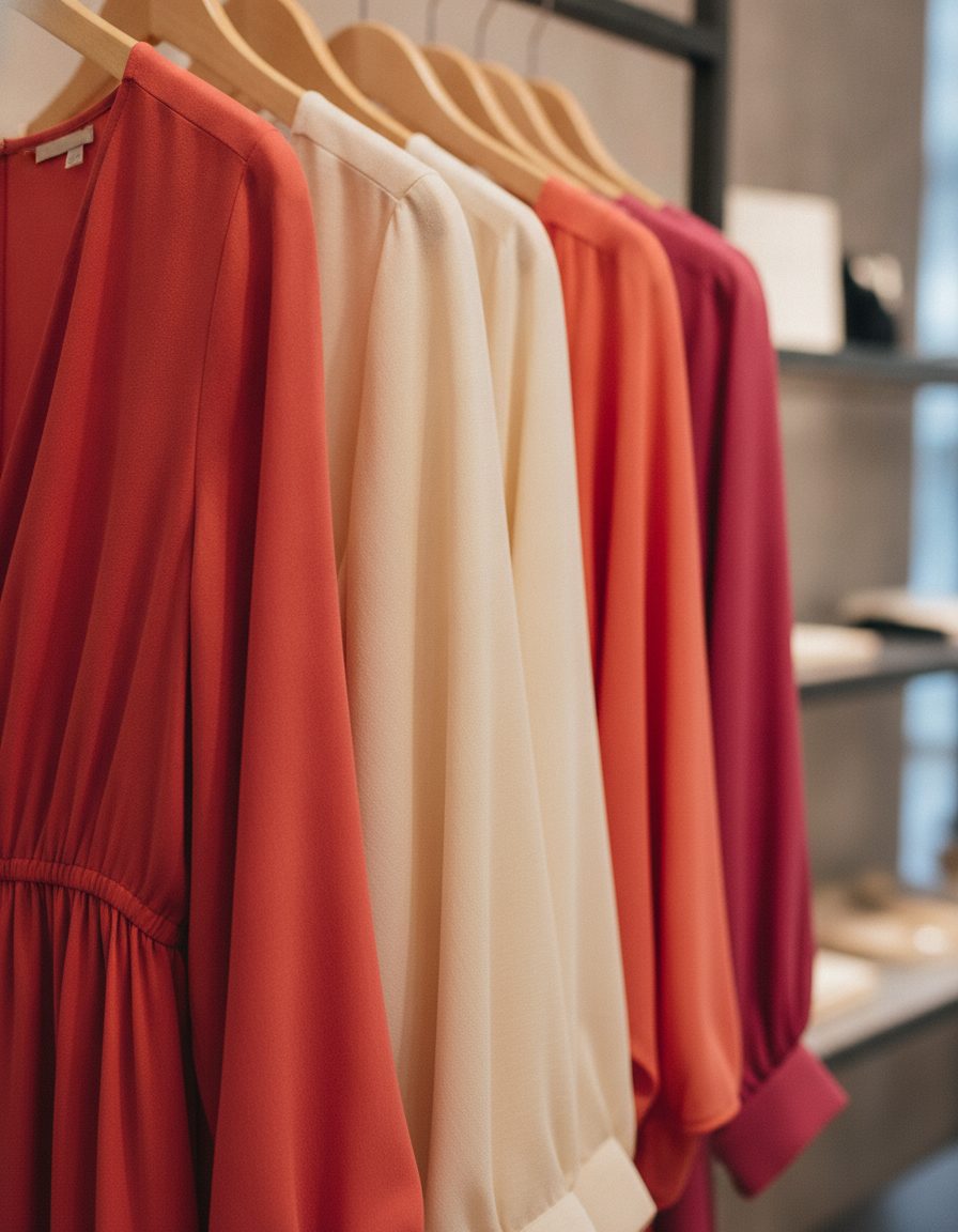 Dresses and blouses in coral, cream and pink draped on wooden hangers