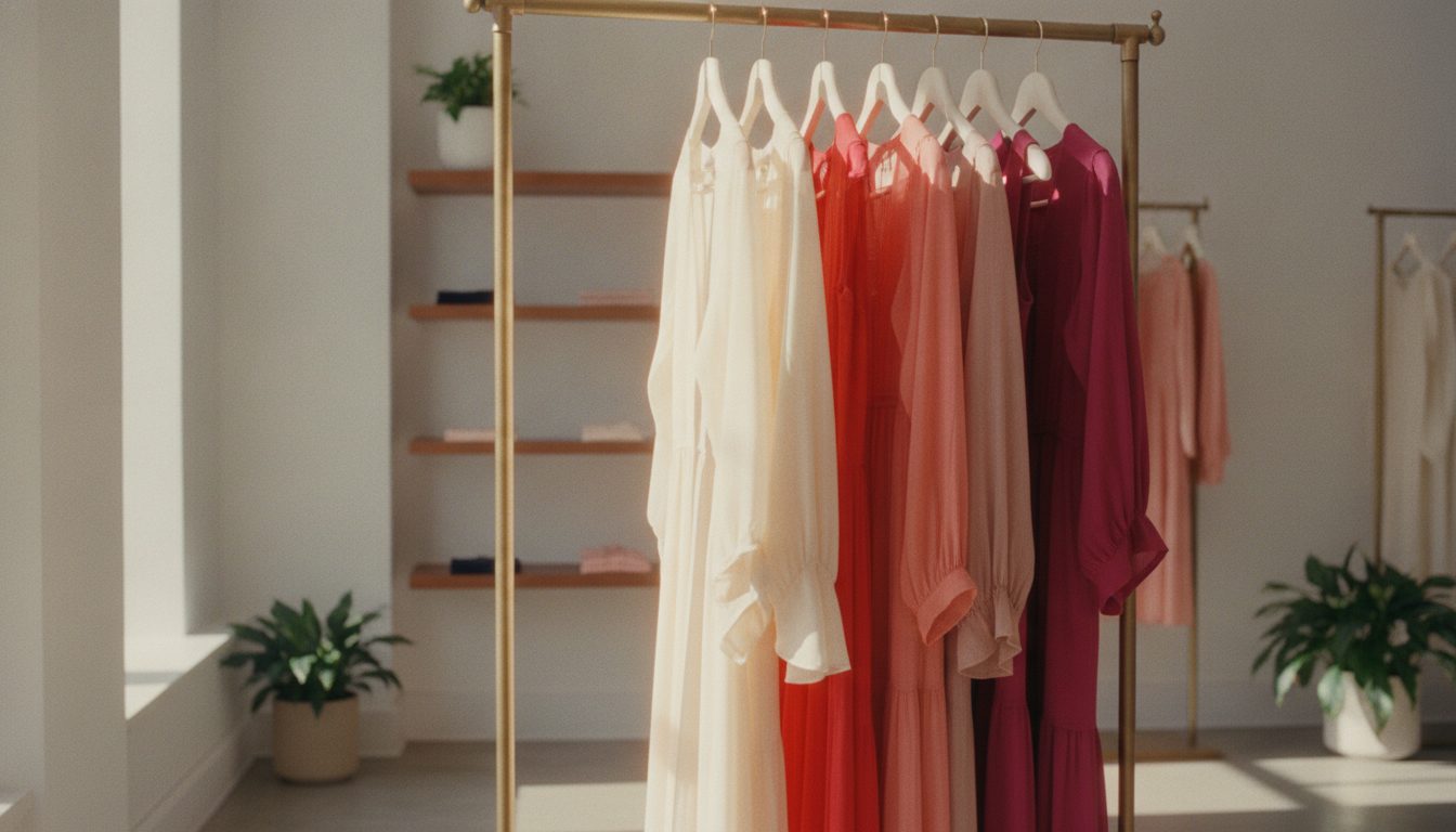 A sunlit boutique rack of garments in cream, coral and pink hanging on a slim brass rail