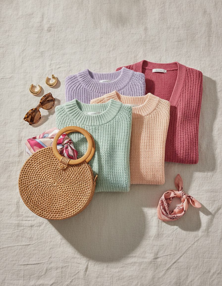 Folded knitwear, a woven bag, gold hoops and sunglasses laid out on warm cream linen